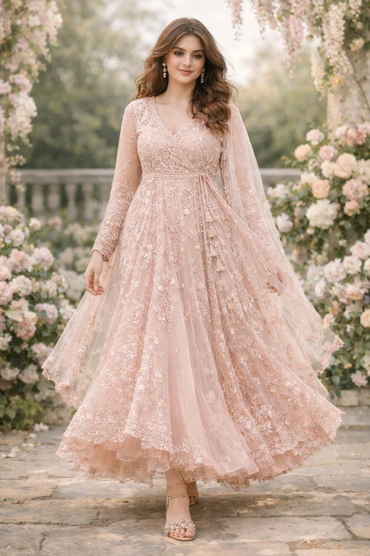 Blush pink net angrakha dress with floral embroidery and flared silhouette, Pakistani luxury festive wear