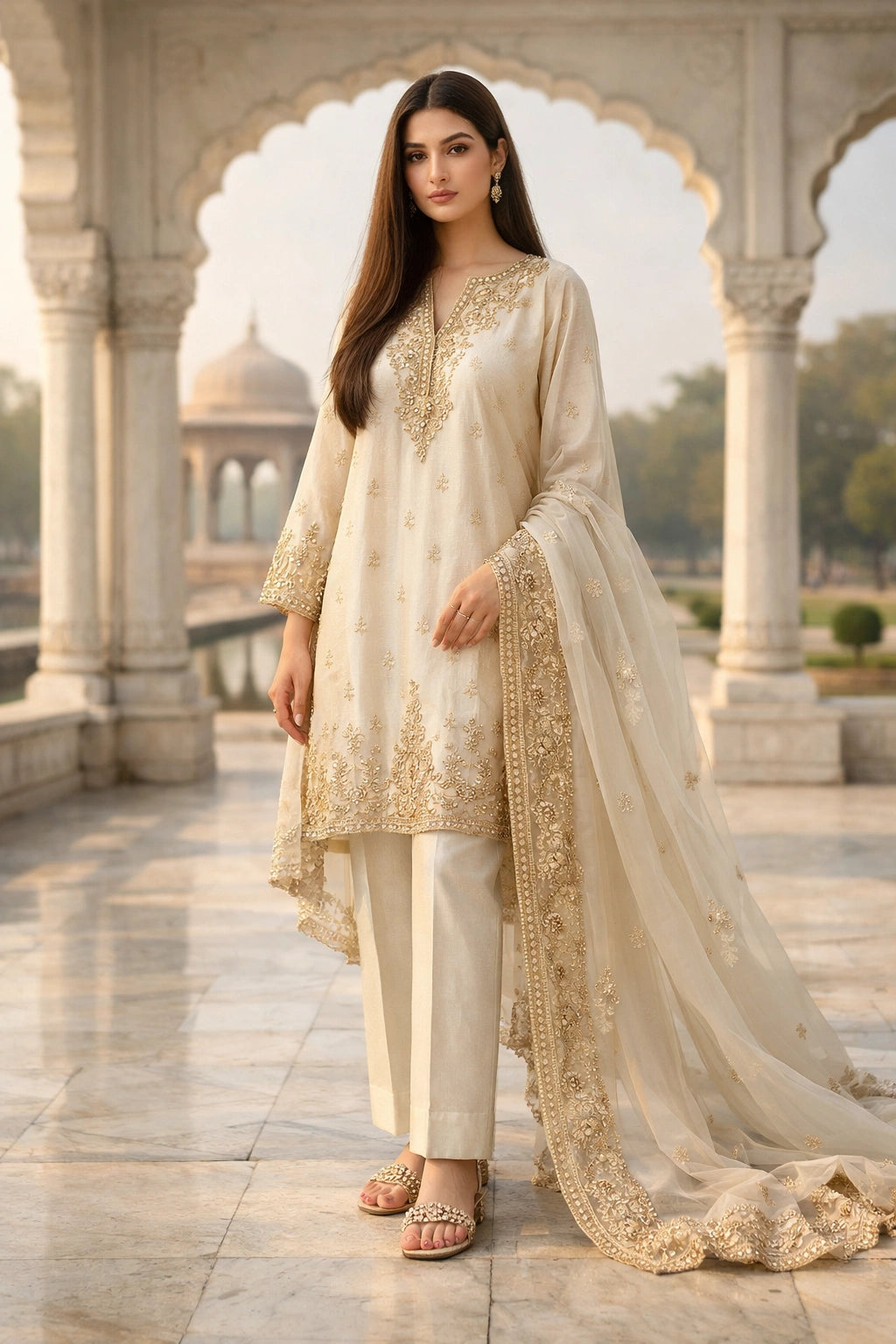 Ivory sheesha silk formal outfit with embroidered organza dupatta, Pakistani luxury festive wear
