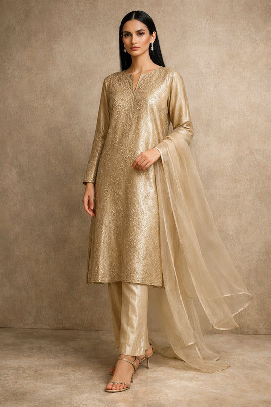 Gold tissue silk formal outfit with organza dupatta, minimalist Pakistani luxury festive wear
