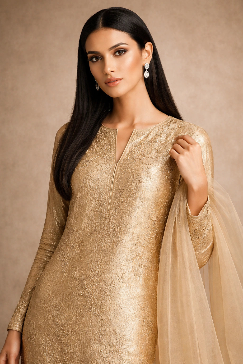 Gold tissue silk formal outfit with organza dupatta, minimalist Pakistani luxury festive wear