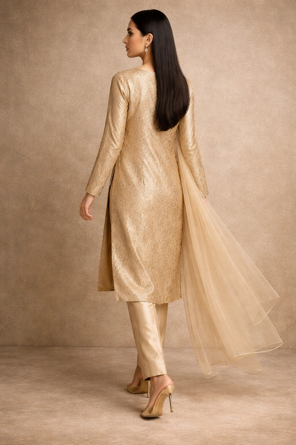 Gold tissue silk formal outfit with organza dupatta, minimalist Pakistani luxury festive wear
