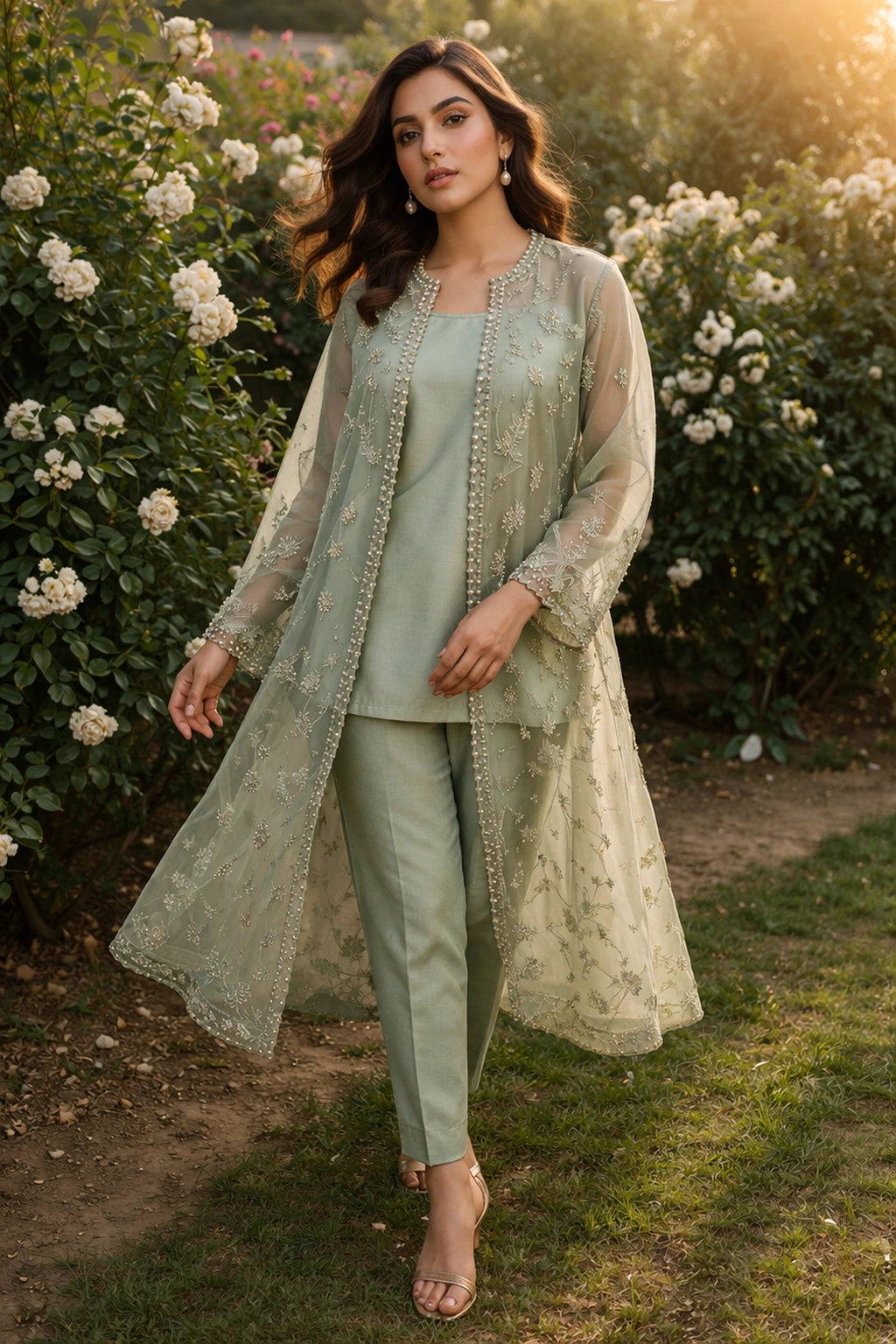 Sage green silk formal outfit with embroidered organza jacket, Pakistani luxury pret garden photoshoot