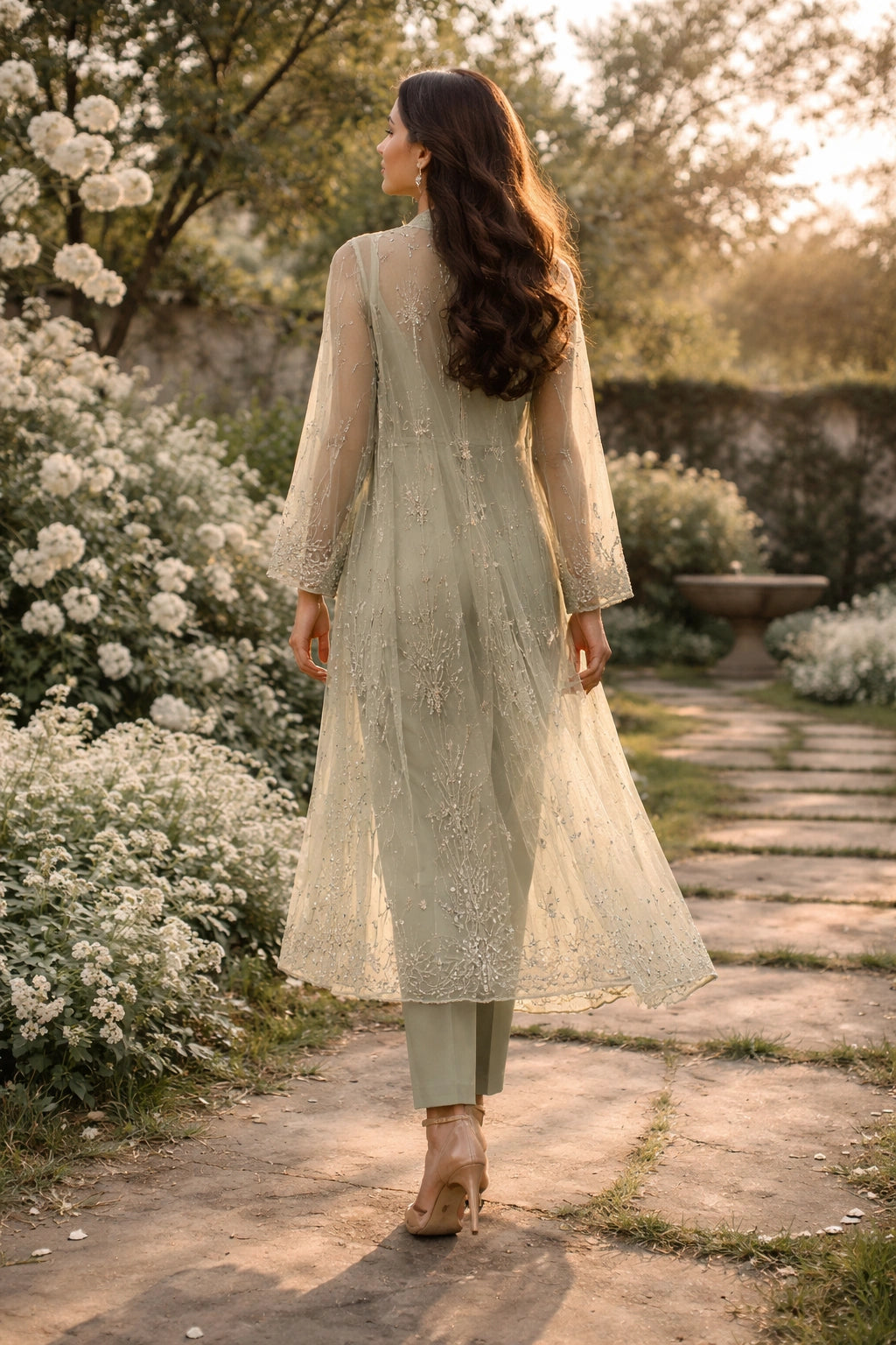 Sage green silk formal outfit with embroidered organza jacket, Pakistani luxury pret garden photoshoot