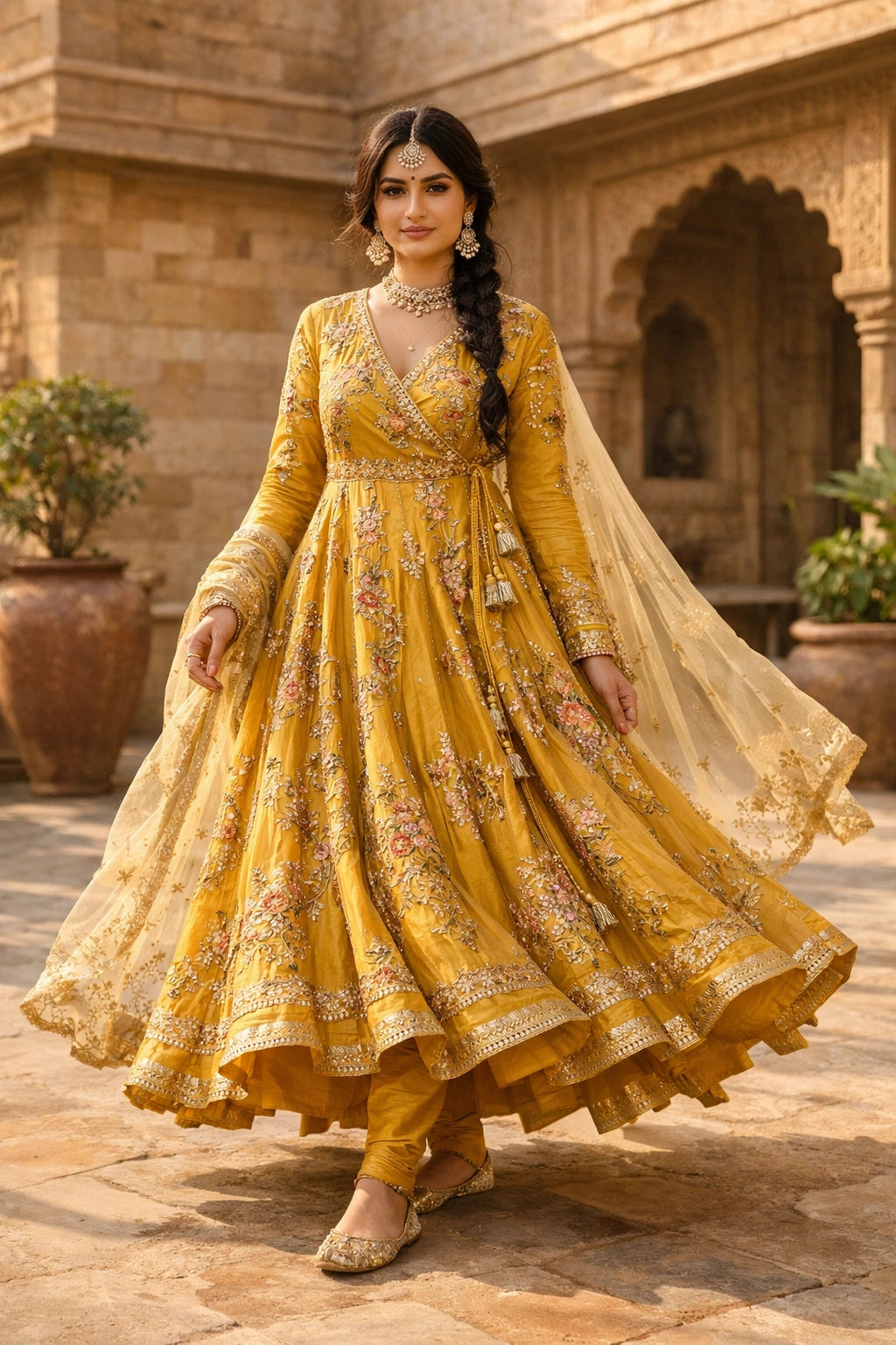 Mustard silk pishwas with floral embroidery and net dupatta, Pakistani luxury festive mehndi dress