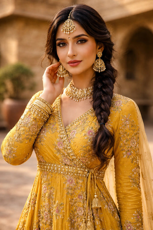 Mustard silk pishwas with floral embroidery and net dupatta, Pakistani luxury festive mehndi dress