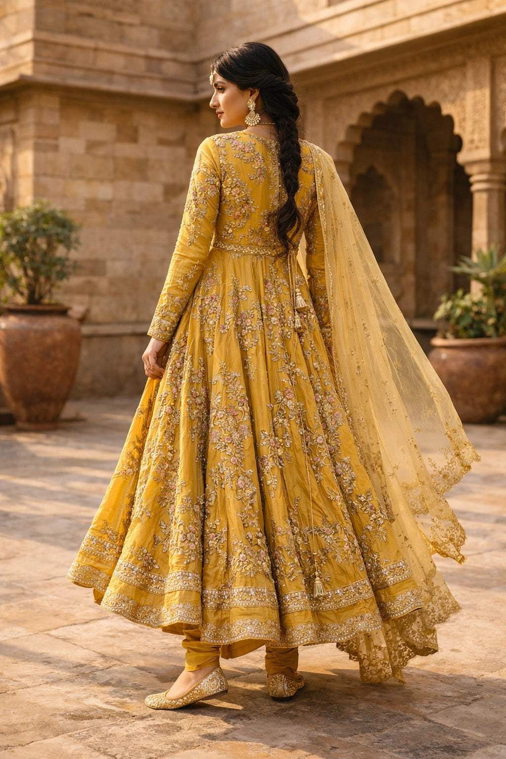Mustard silk pishwas with floral embroidery and net dupatta, Pakistani luxury festive mehndi dress