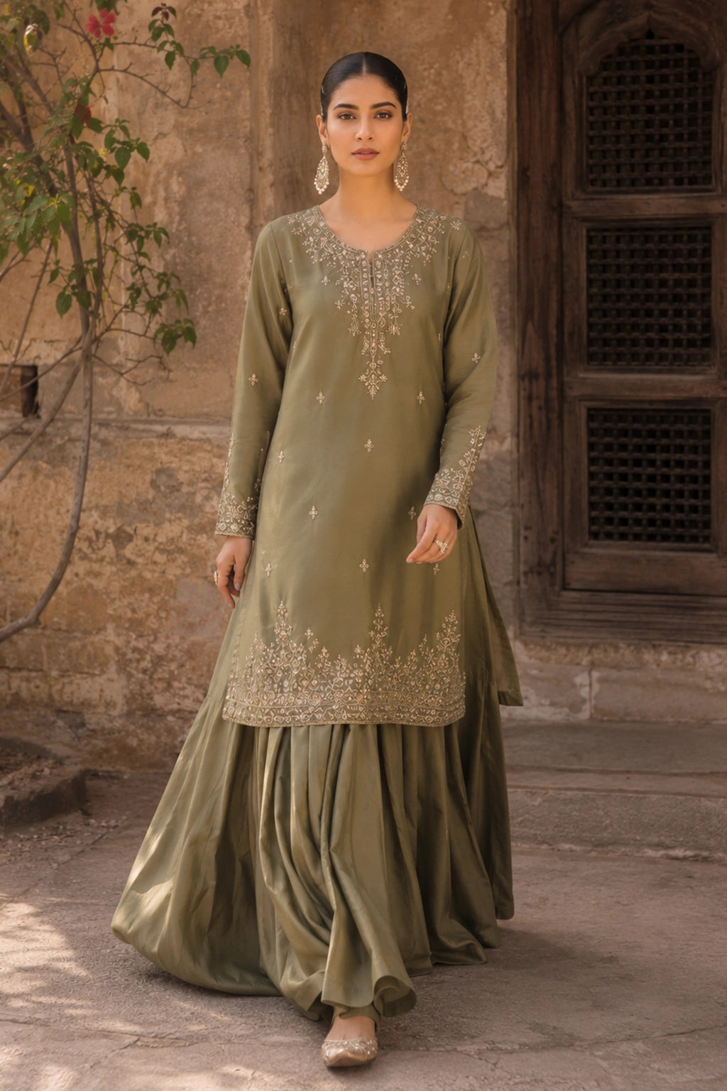 Aurevia Olive luxury olive green Korean silk formal dress featuring an embroidered straight shirt, flowing Korean silk lehenga, and embroidered organza dupatta by Miraam.