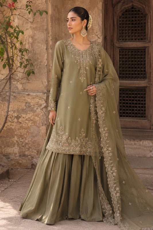 Aurevia Olive luxury olive green Korean silk formal dress featuring an embroidered straight shirt, flowing Korean silk lehenga, and embroidered organza dupatta by Miraam.