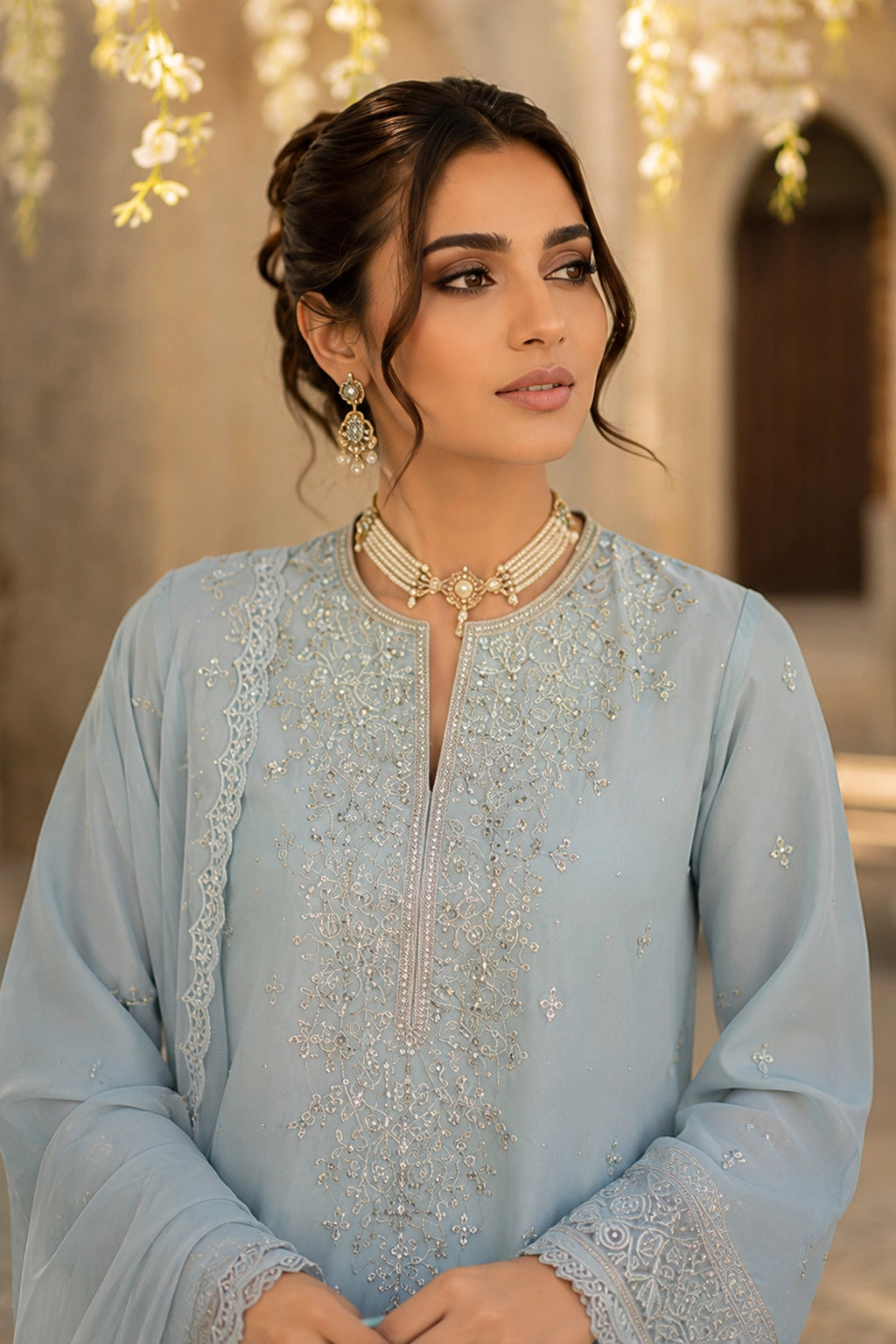 Azzurra Mist luxury powder blue Korean silk formal dress featuring an embroidered straight shirt, flowing chiffon sharara, and embroidered organza dupatta by Miraam.