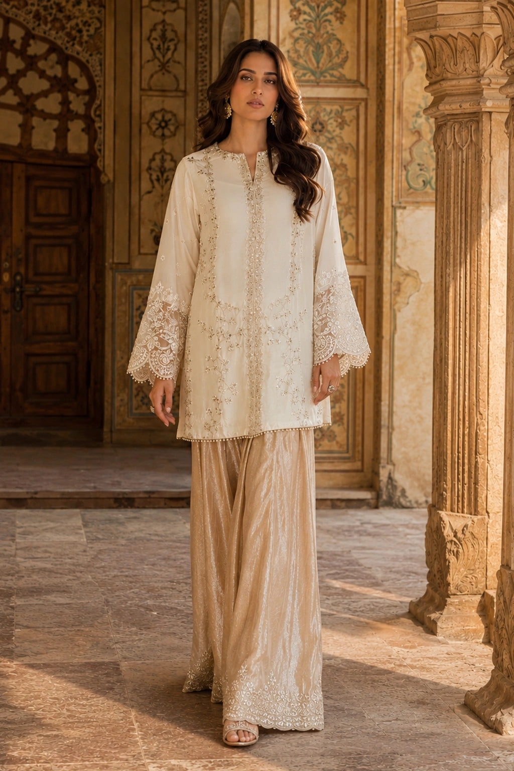 Celestine Ivory luxury ivory Korean silk formal dress featuring an embroidered straight shirt, crushed Korean silk sharara, and embroidered organza dupatta by Miraam.