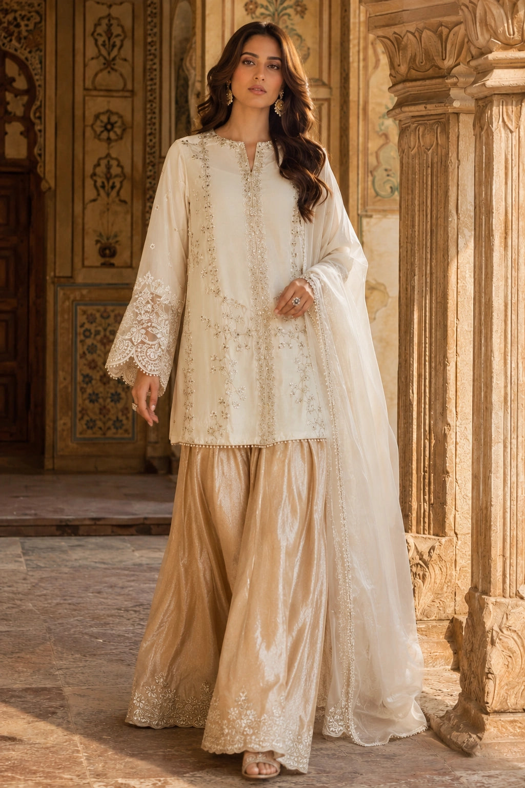 Celestine Ivory luxury ivory Korean silk formal dress featuring an embroidered straight shirt, crushed Korean silk sharara, and embroidered organza dupatta by Miraam.