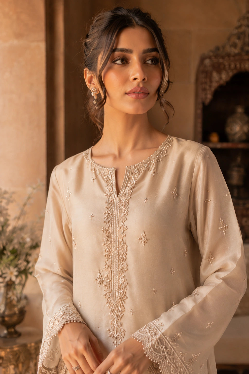 Ivory Étoile luxury ivory Korean silk formal featuring an embroidered straight shirt, Korean silk sharara, and embroidered organza dupatta by Miraam.