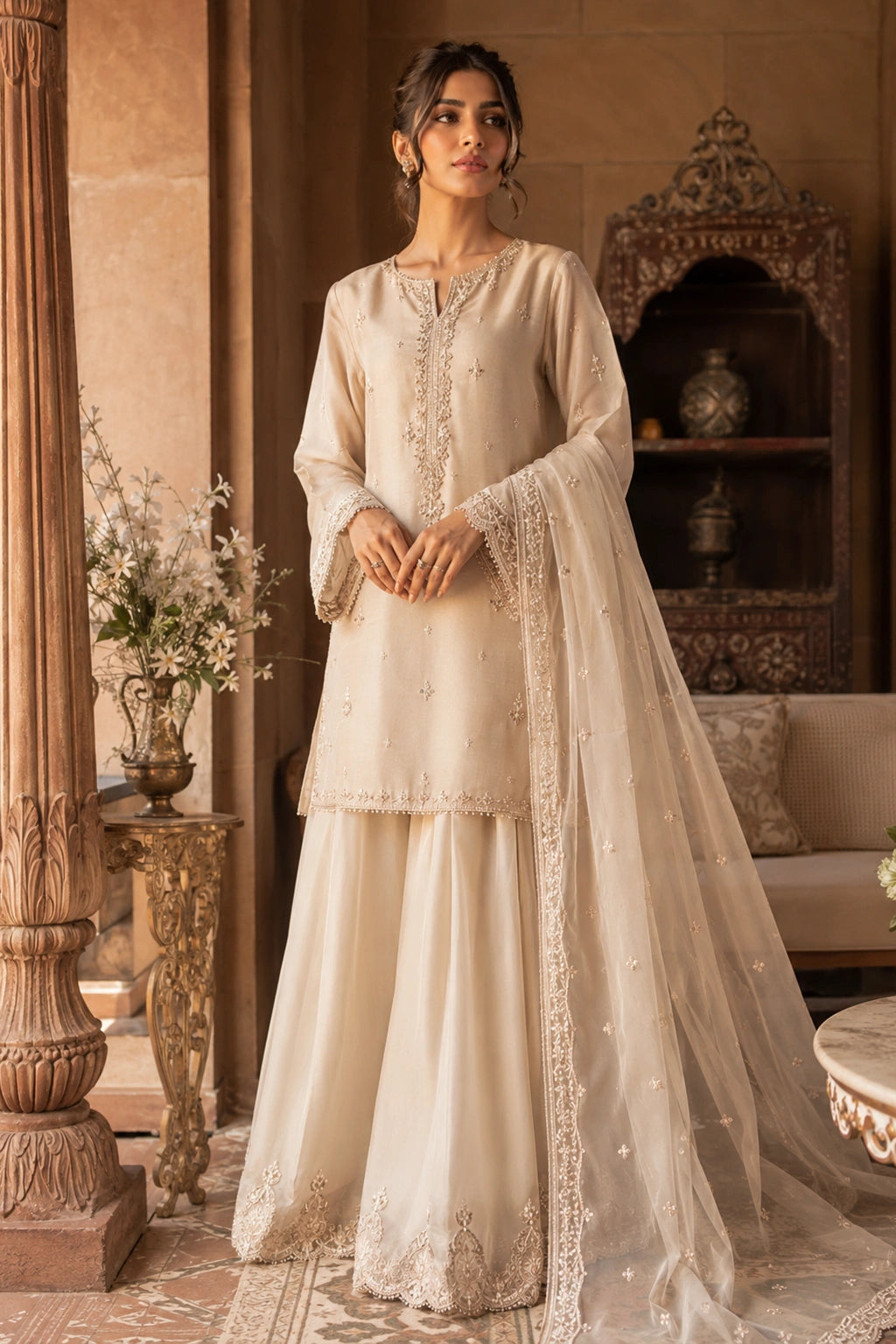 Ivory Étoile luxury ivory Korean silk formal featuring an embroidered straight shirt, Korean silk sharara, and embroidered organza dupatta by Miraam.