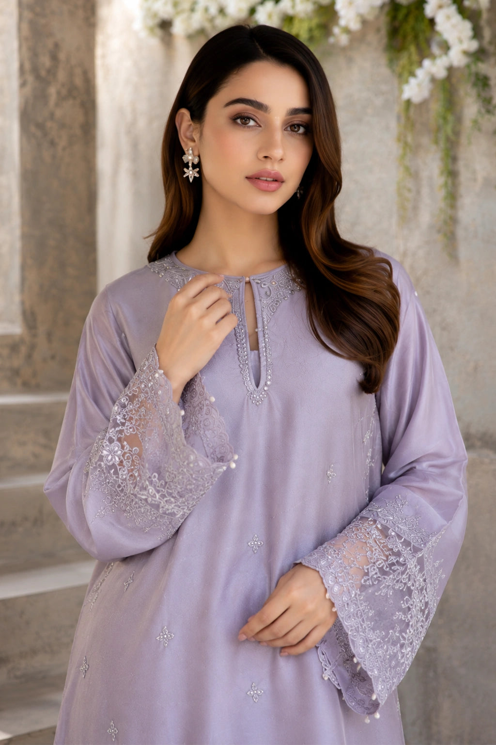 Lunaria Lilac luxury lilac Korean silk formal dress featuring an embroidered straight shirt, flowing sharara, and embroidered organza dupatta with pearl edging by Miraam.