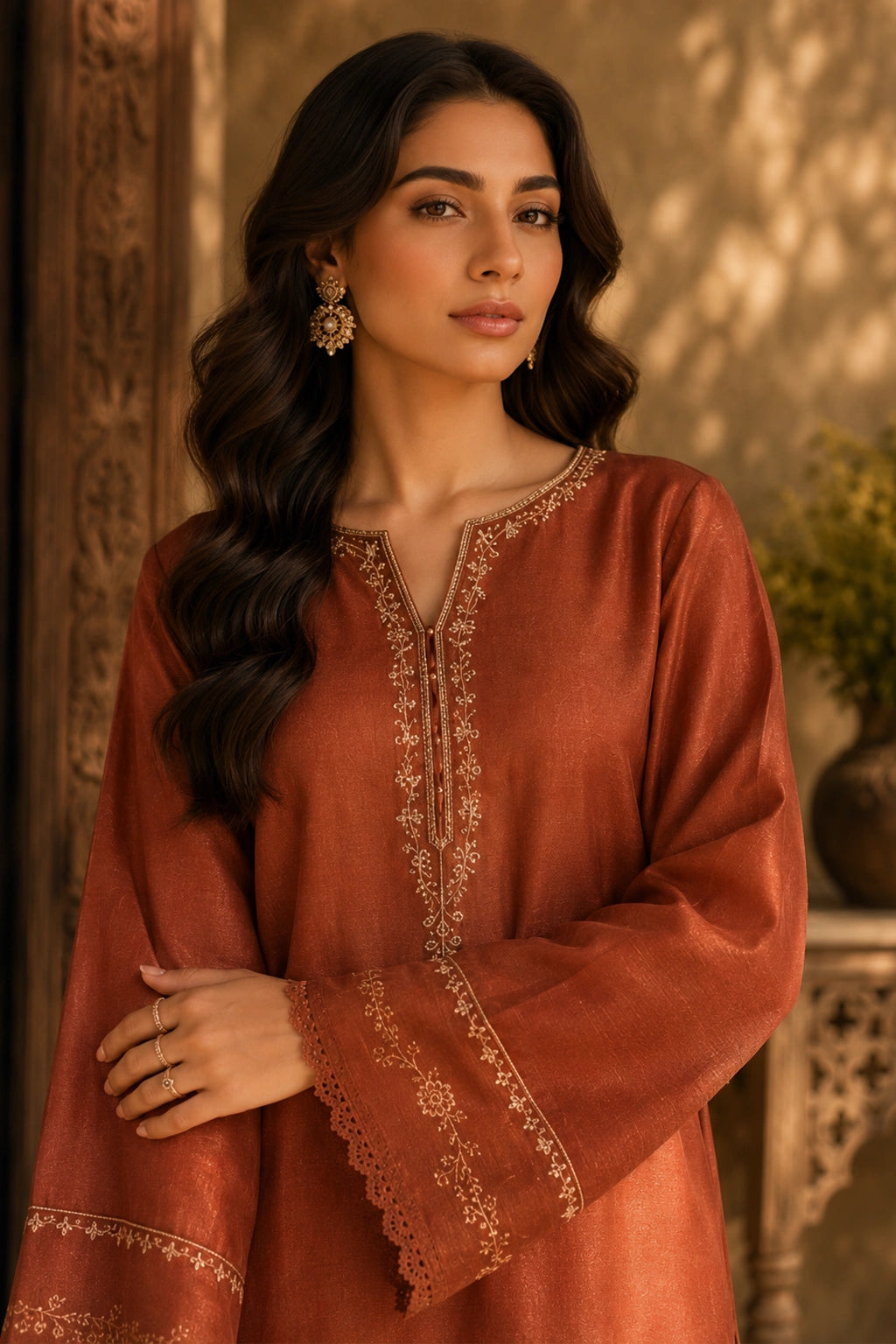 Terracotta luxury terracotta Korean silk formal dress featuring an embroidered straight shirt, matching Korean silk culottes, and an embroidered organza dupatta by Miraam.