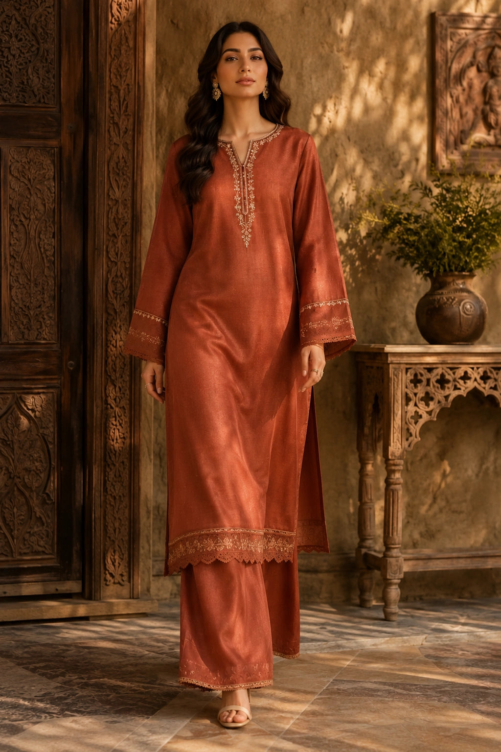 Terracotta luxury terracotta Korean silk formal dress featuring an embroidered straight shirt, matching Korean silk culottes, and an embroidered organza dupatta by Miraam.