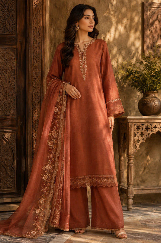 Terracotta luxury terracotta Korean silk formal dress featuring an embroidered straight shirt, matching Korean silk culottes, and an embroidered organza dupatta by Miraam.