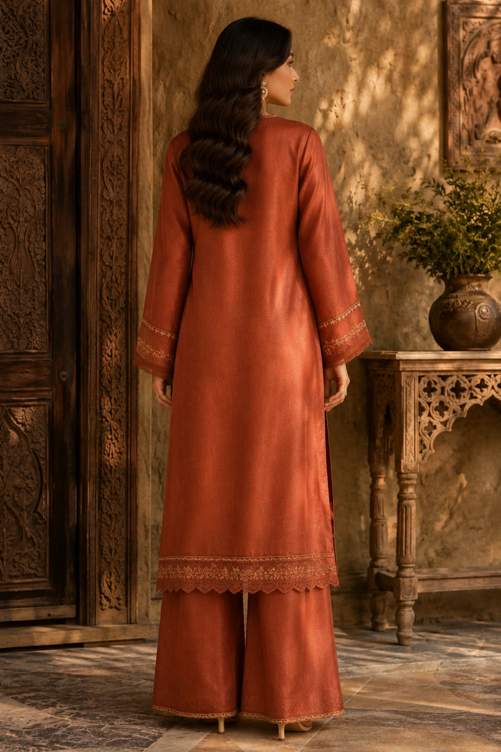 Terracotta luxury terracotta Korean silk formal dress featuring an embroidered straight shirt, matching Korean silk culottes, and an embroidered organza dupatta by Miraam.
