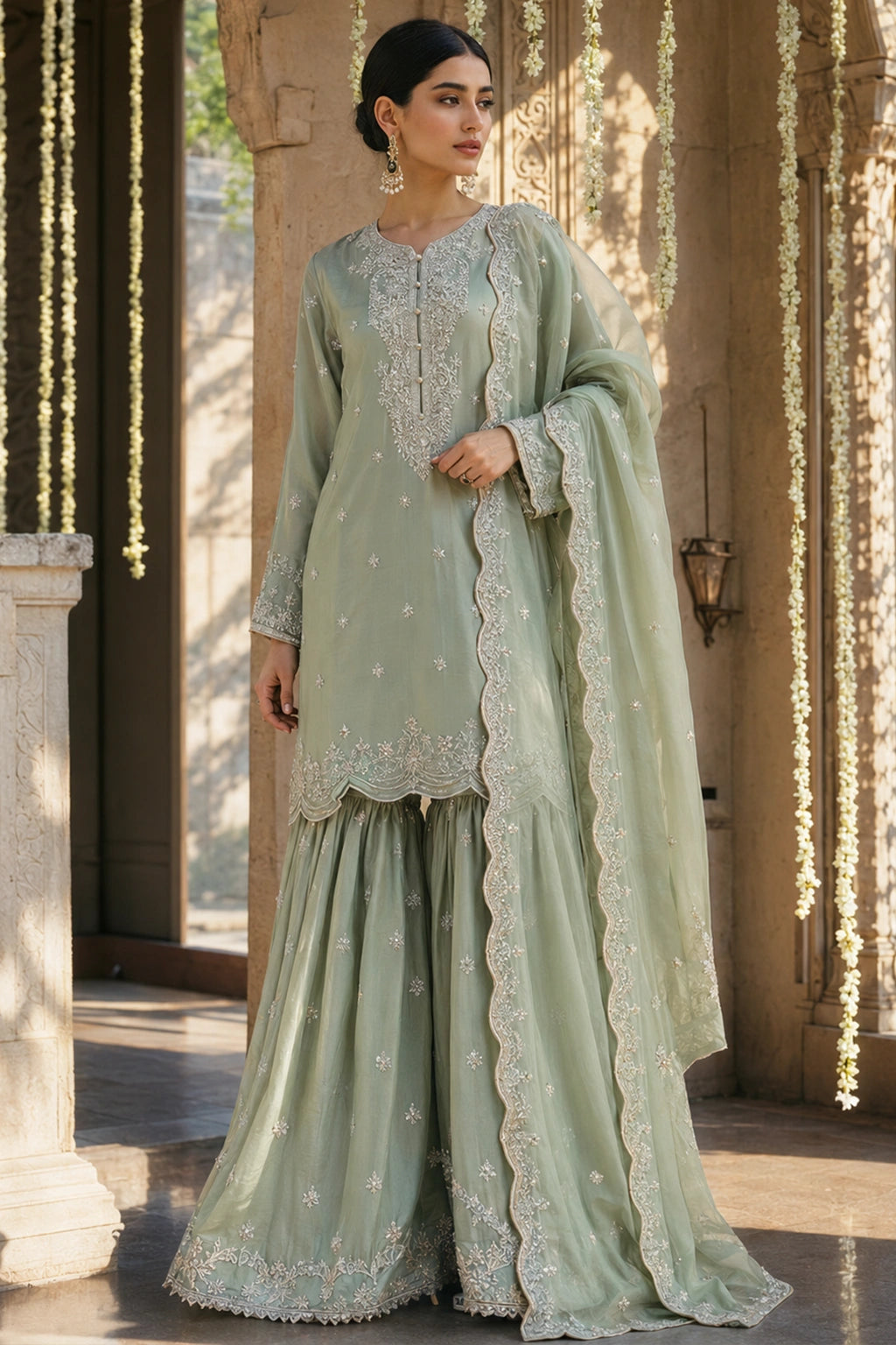 Verdelle Sage luxury sage green Korean silk formal dress featuring embroidered straight shirt, flowing gharara and embroidered organza dupatta by Miraam.