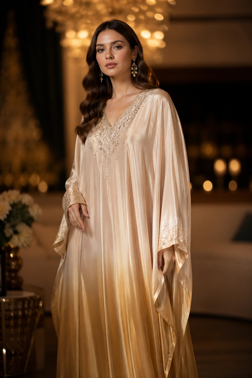 Gold sheesha silk kaftan with embellished neckline by Miraam