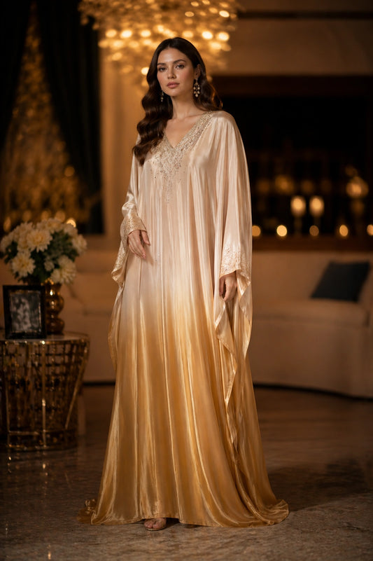 Gold sheesha silk kaftan with embellished neckline by Miraam