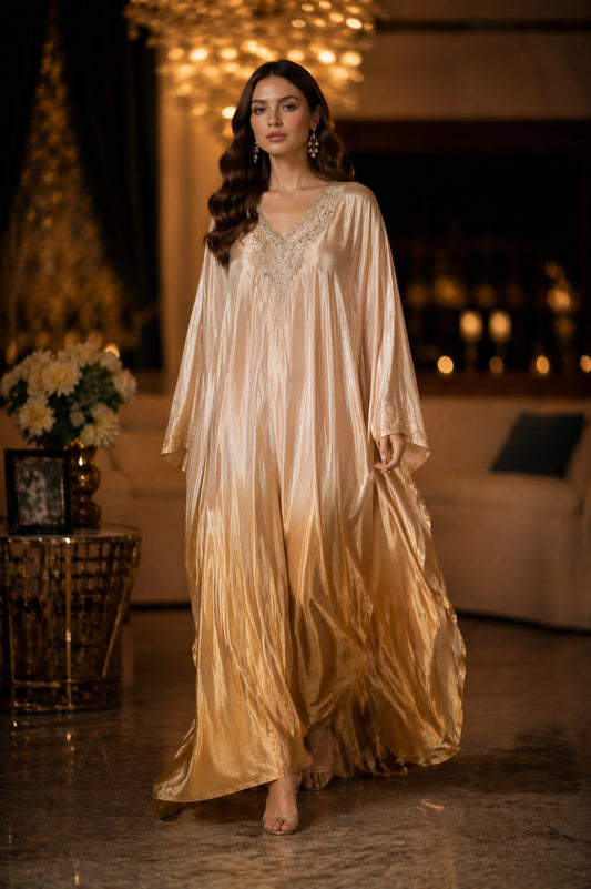 Gold sheesha silk kaftan with embellished neckline by Miraam