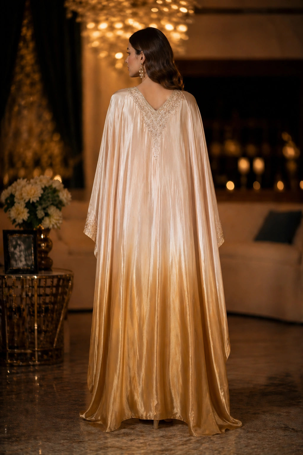 Gold sheesha silk kaftan with embellished neckline by Miraam
