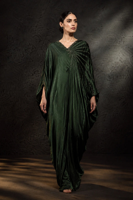 Emerald green sheesha silk kaftan with pleated drape detail by Miraam
