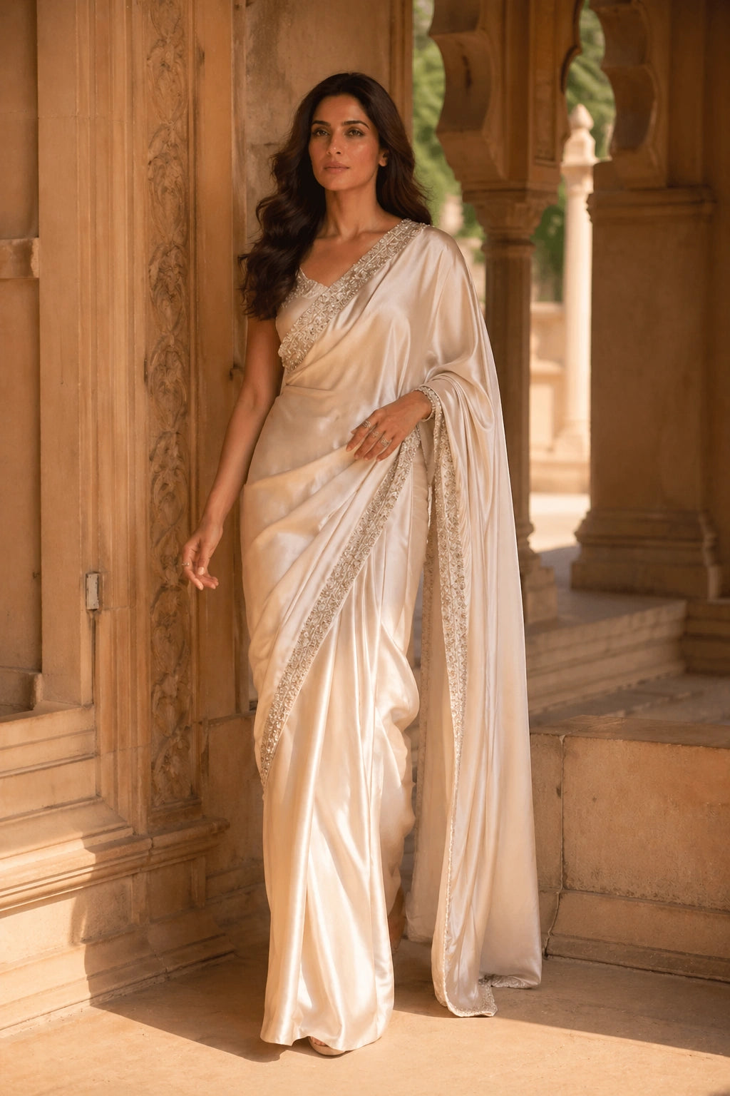 Ivory sheesha silk saree with embellished border by Miraam
