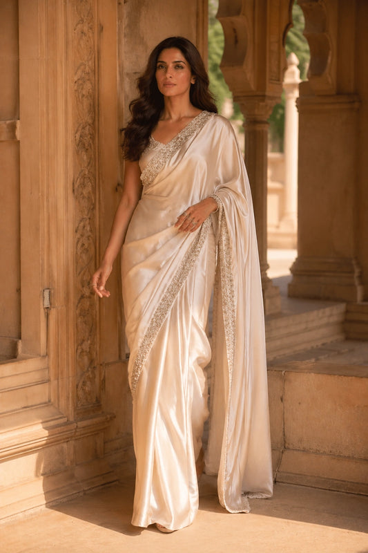 Ivory sheesha silk saree with embellished border by Miraam