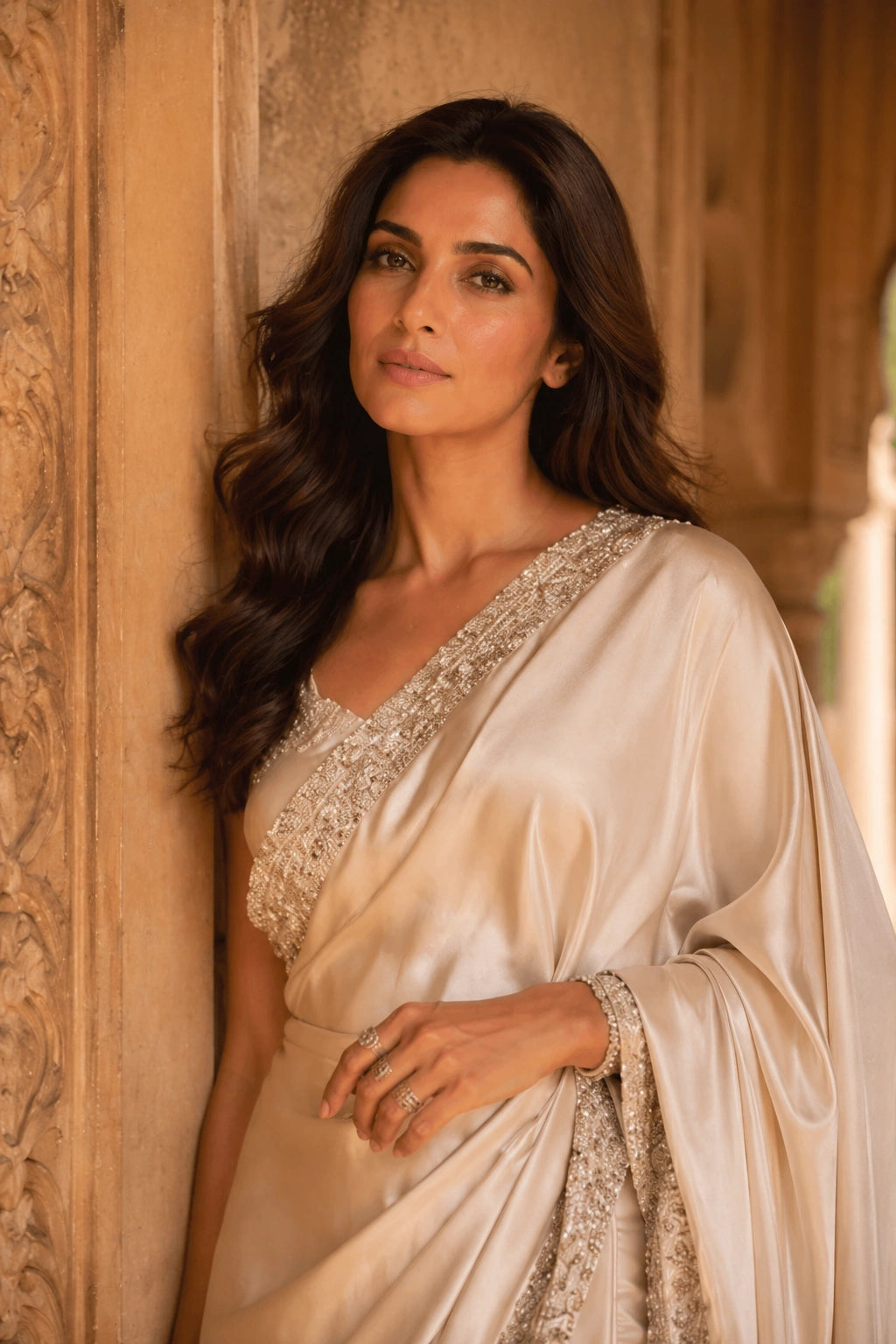 Ivory sheesha silk saree with embellished border by Miraam