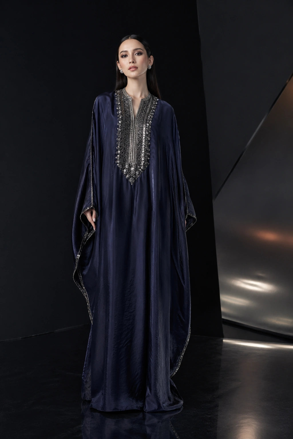 Midnight blue sheesha silk kaftan with embroidered neckline by Miraam