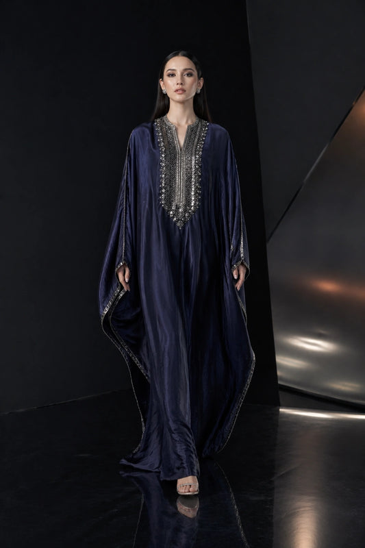 Midnight blue sheesha silk kaftan with embroidered neckline by Miraam