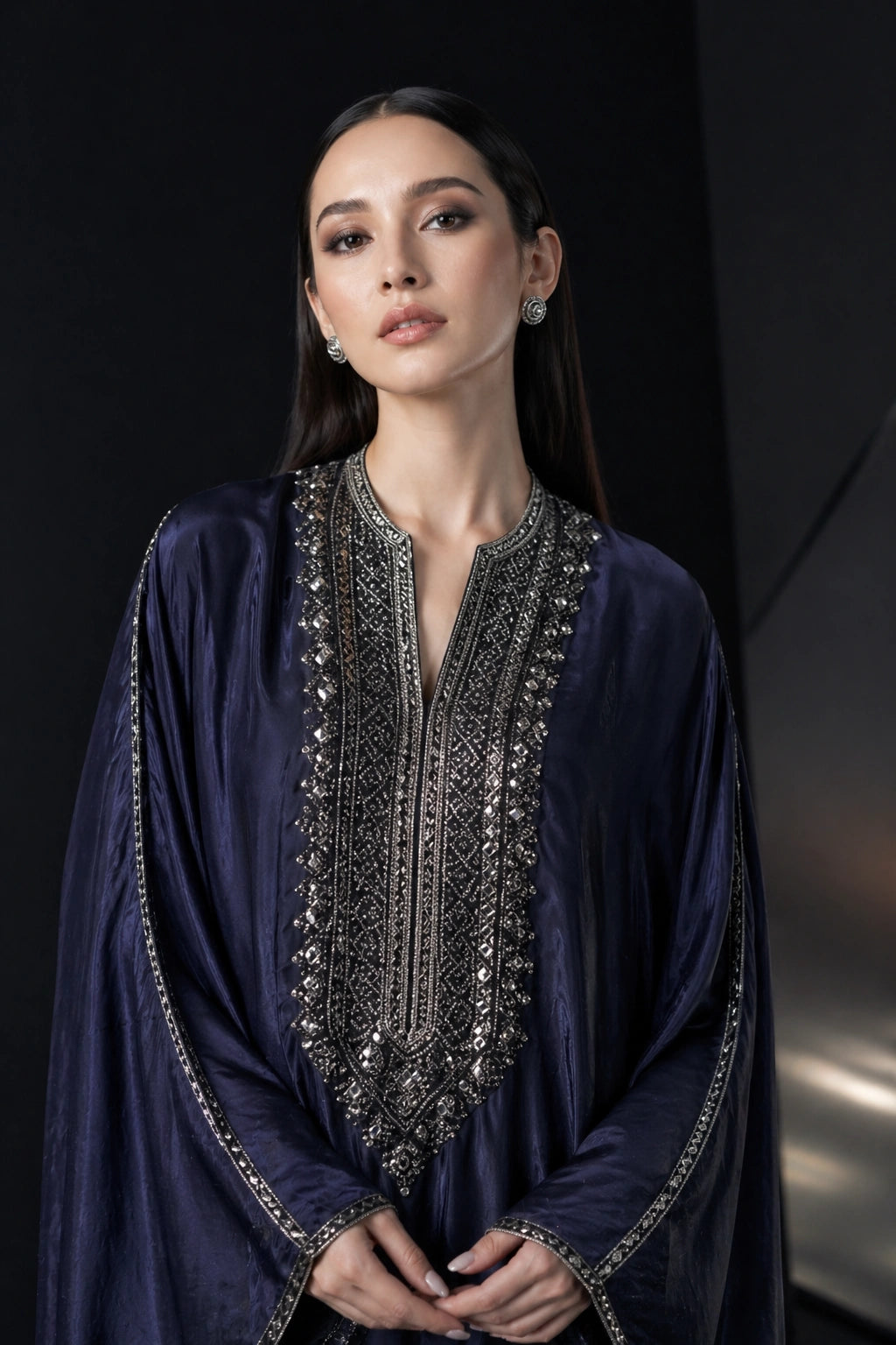 Midnight blue sheesha silk kaftan with embroidered neckline by Miraam