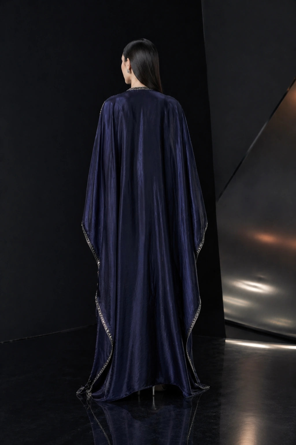 Midnight blue sheesha silk kaftan with embroidered neckline by Miraam