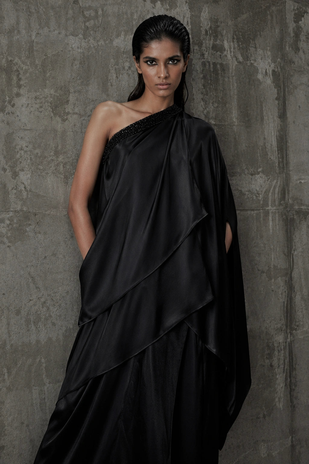 Black one shoulder sheesha silk draped dress by Miraam