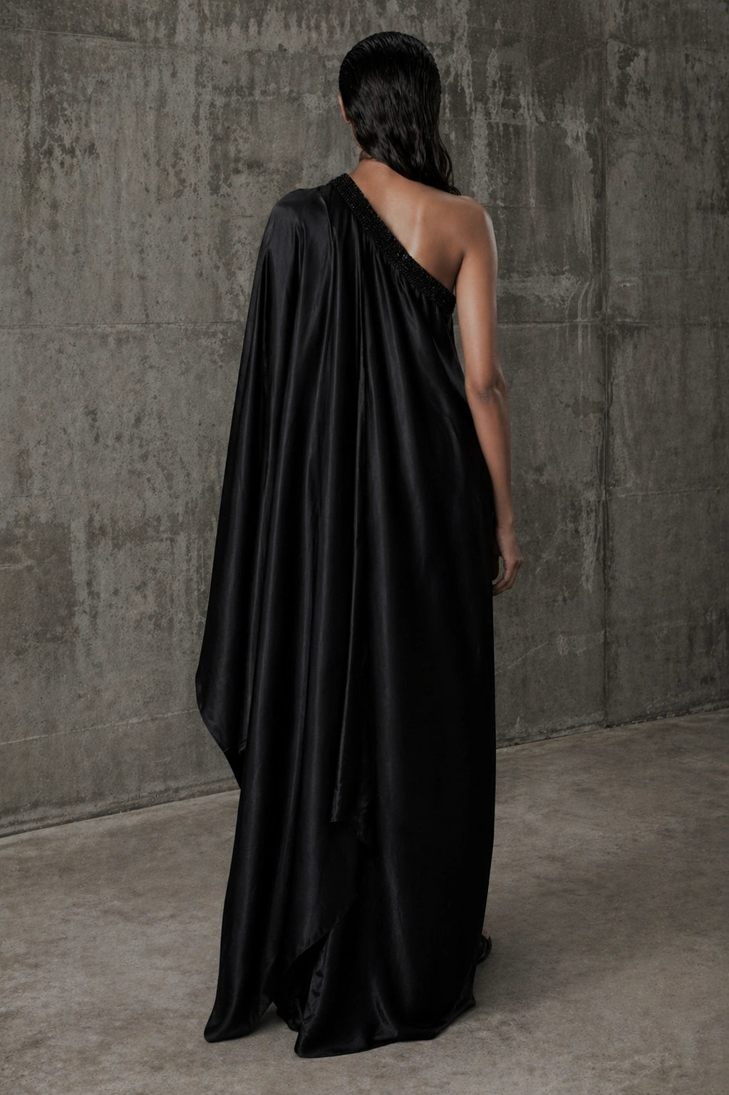 Black one shoulder sheesha silk draped dress by Miraam