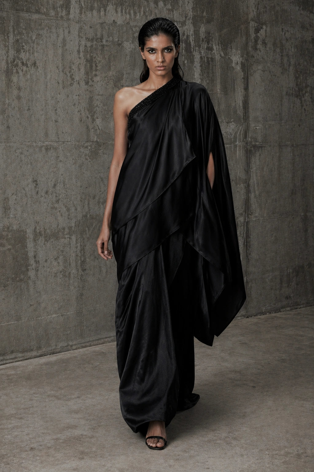 Black one shoulder sheesha silk draped dress by Miraam