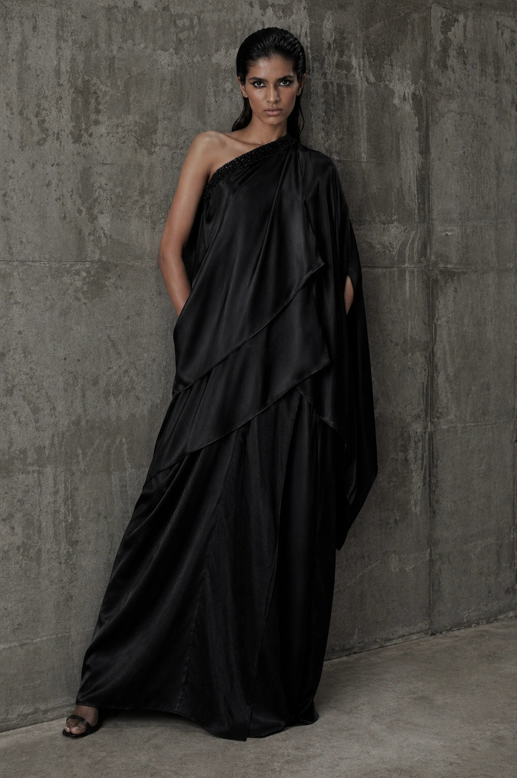 Black one shoulder sheesha silk draped dress by Miraam