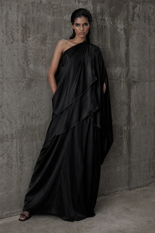 Black one shoulder sheesha silk draped dress by Miraam