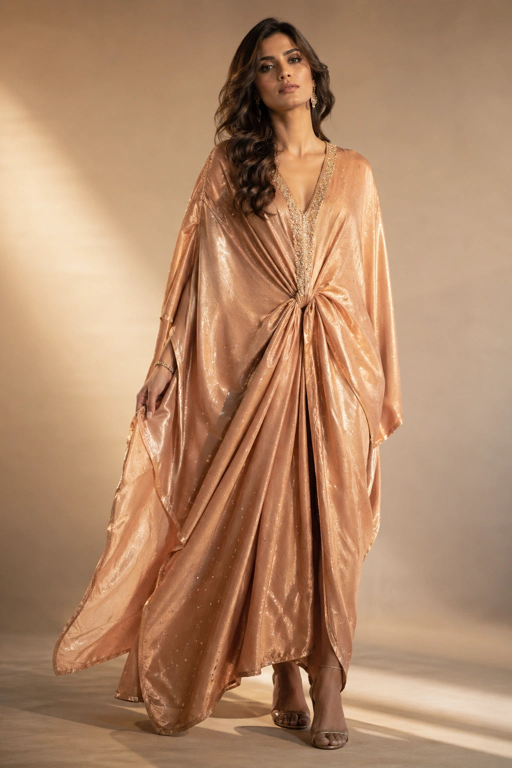 Rose gold sheesha silk kaftan with draped waist detail by Miraam