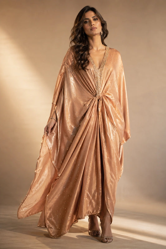 Rose gold sheesha silk kaftan with draped waist detail by Miraam