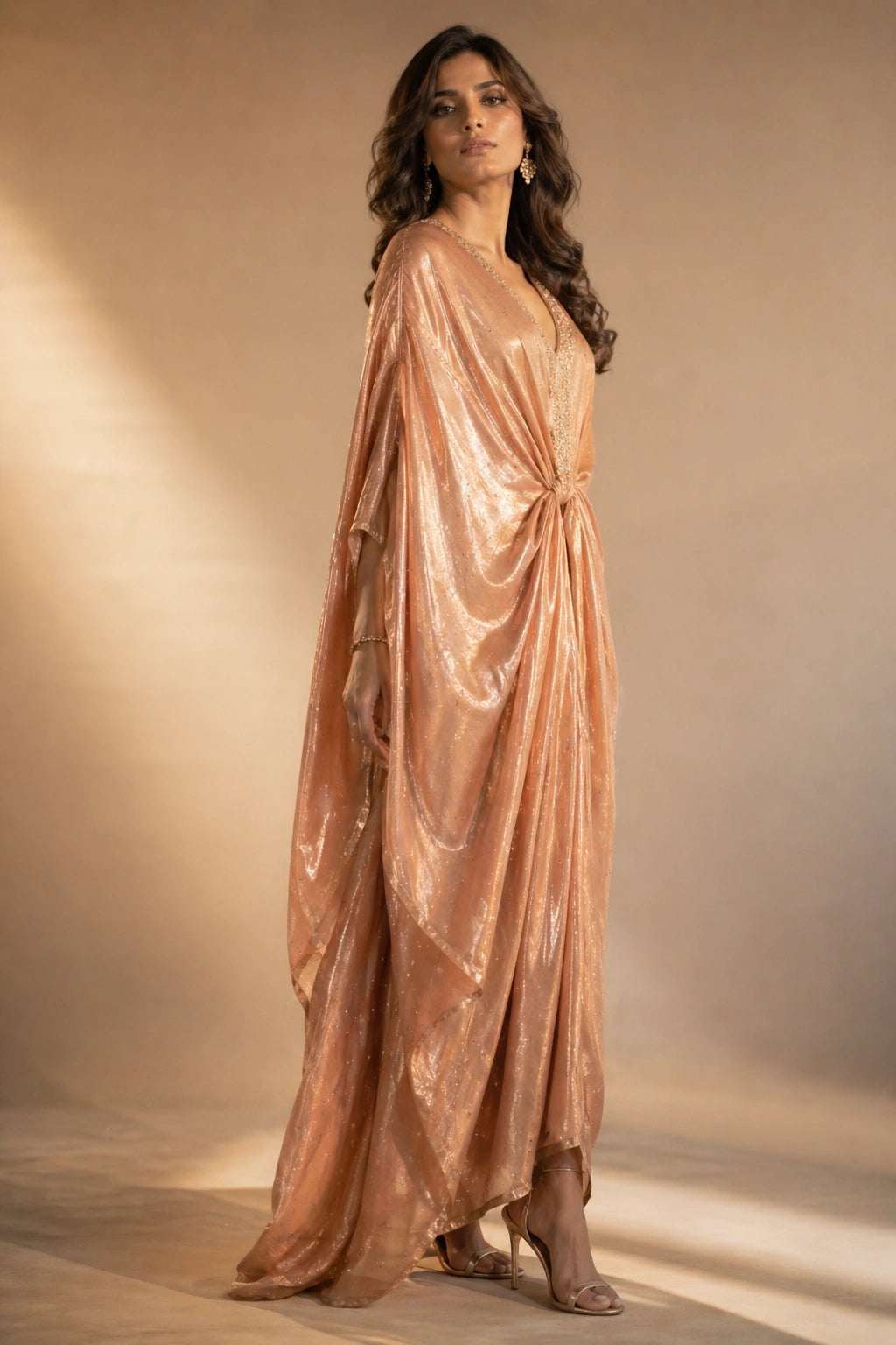 Rose gold sheesha silk kaftan with draped waist detail by Miraam