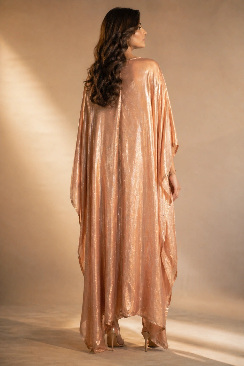Rose gold sheesha silk kaftan with draped waist detail by Miraam