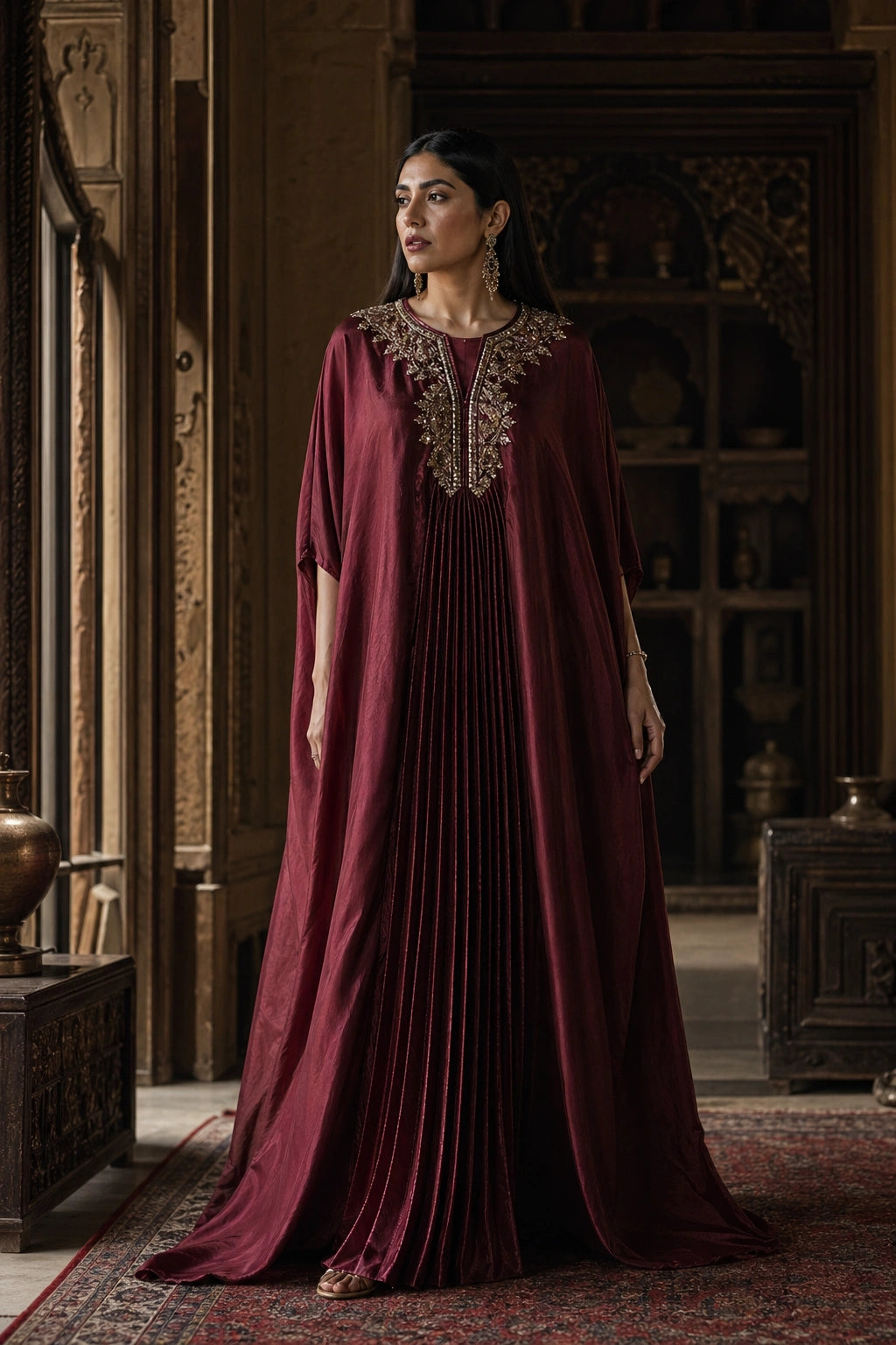 Maroon sheesha silk kaftan with embroidered neckline by Miraam