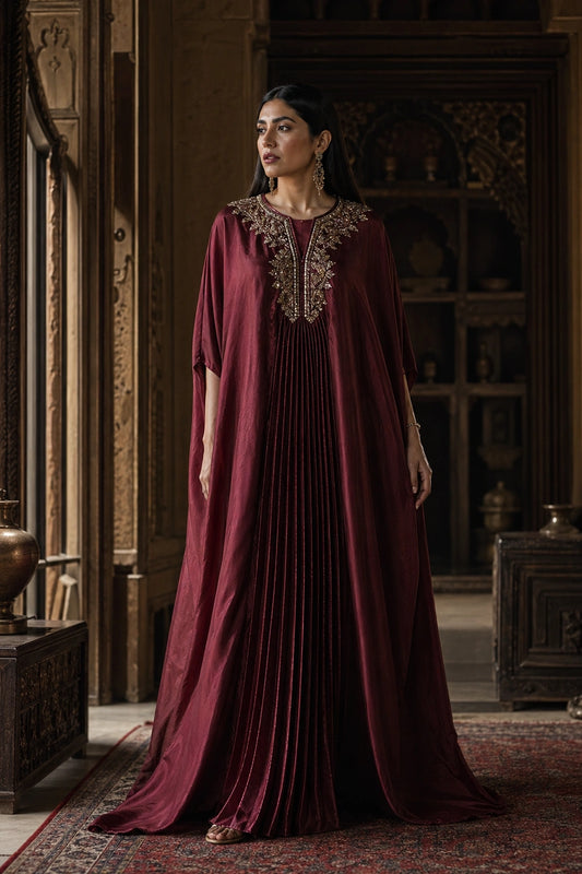 Maroon sheesha silk kaftan with embroidered neckline by Miraam
