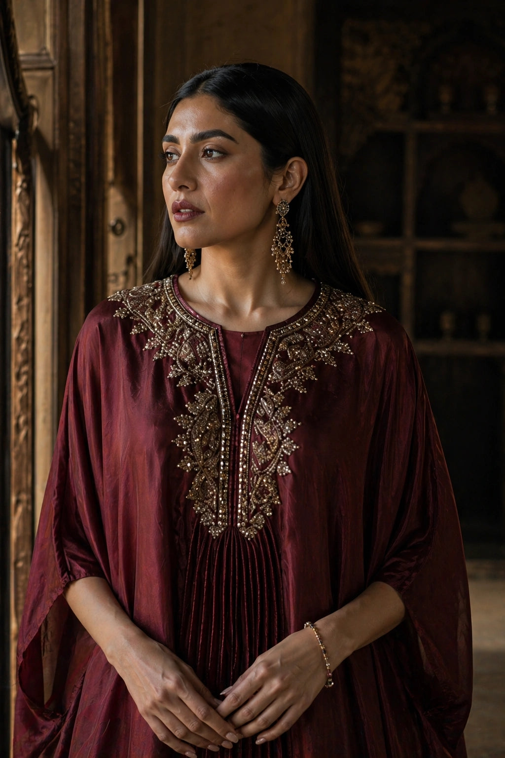 Maroon sheesha silk kaftan with embroidered neckline by Miraam