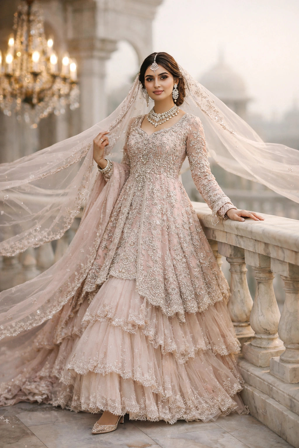 Bride wearing blush embroidered bridal pishwas with layered lehenga and dupatta on marble terrace setting