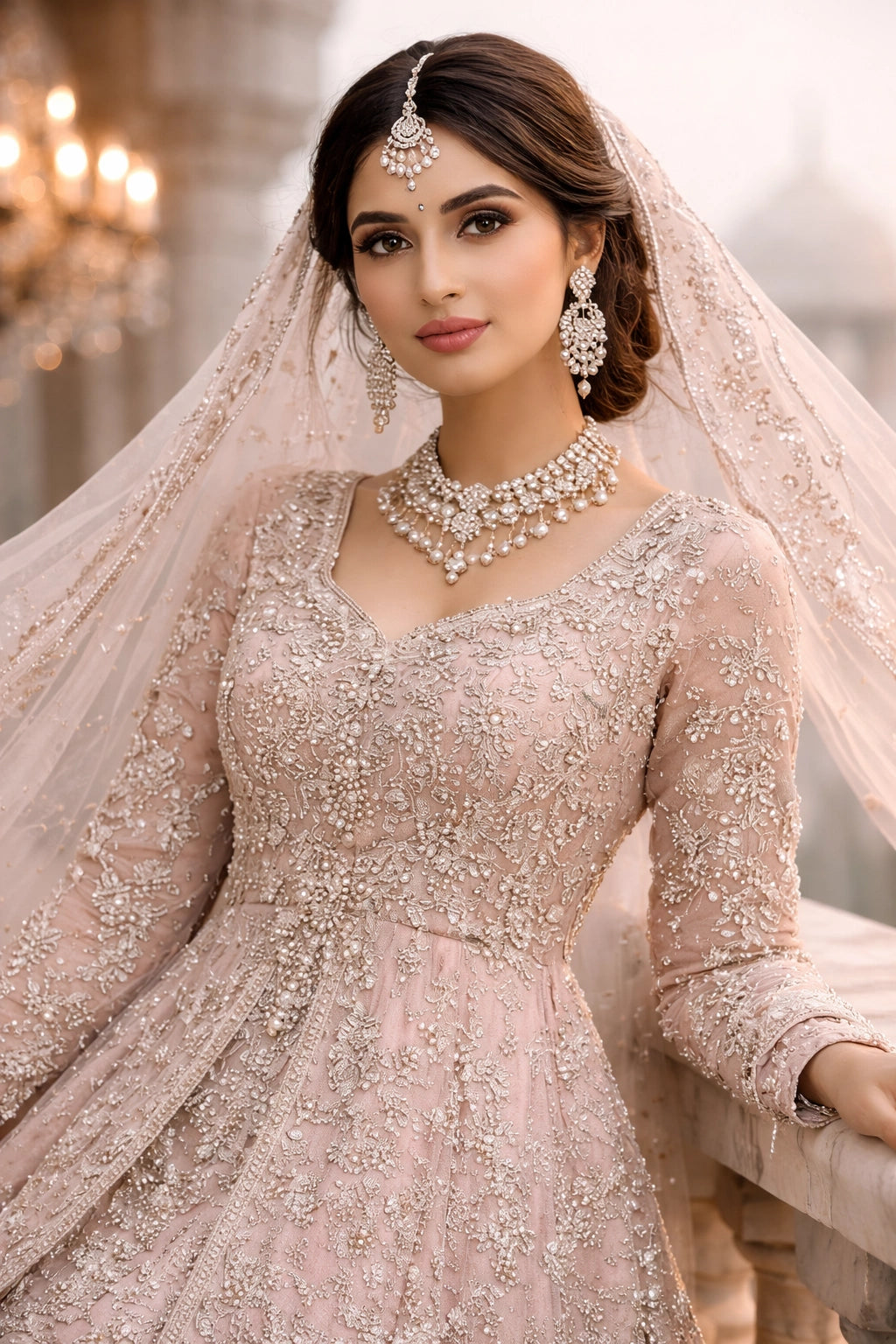 Bride wearing blush embroidered bridal pishwas with layered lehenga and dupatta on marble terrace setting