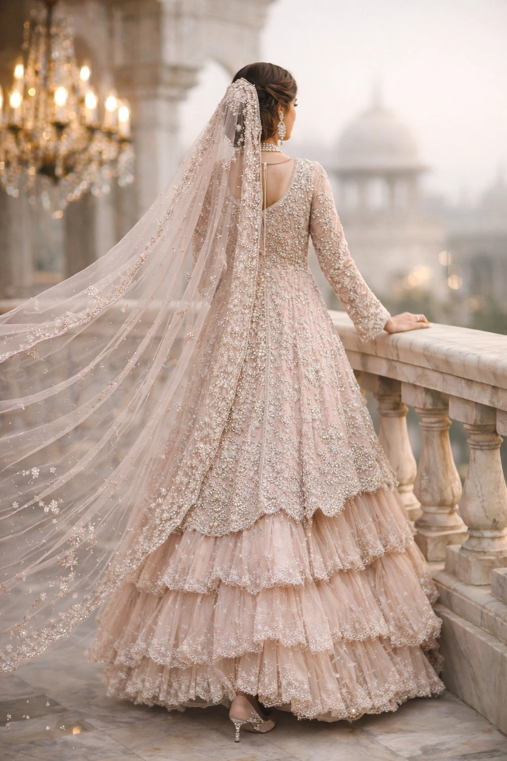 Bride wearing blush embroidered bridal pishwas with layered lehenga and dupatta on marble terrace setting